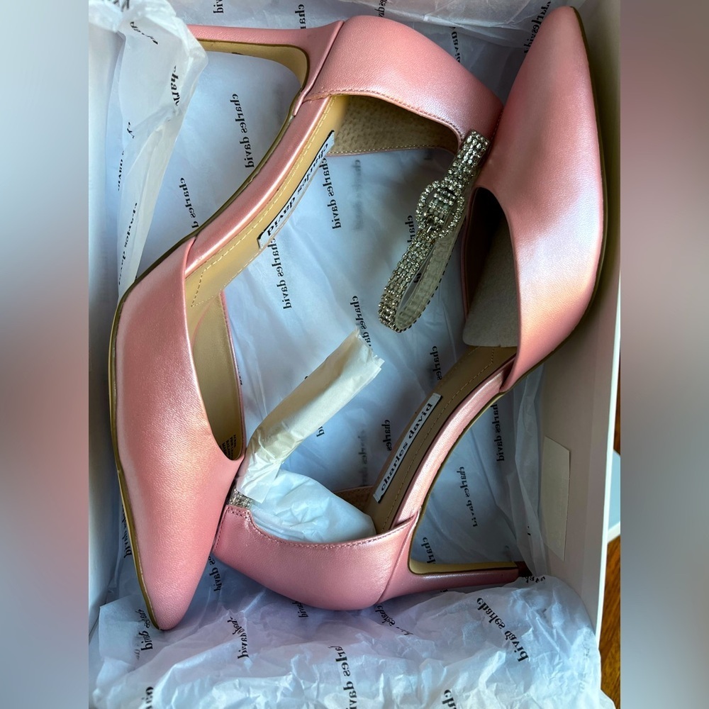 Charles David NEW Rhinestones Leather Pink Satin Ankle Strap Heels, Women’s Sz 9 - Picture 11 of 13